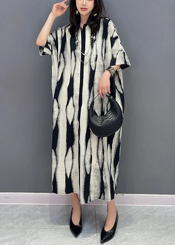 Fashion Grey Peter Pan Collar Print Patchwork Cotton Shirts Dress Summer - Image 3