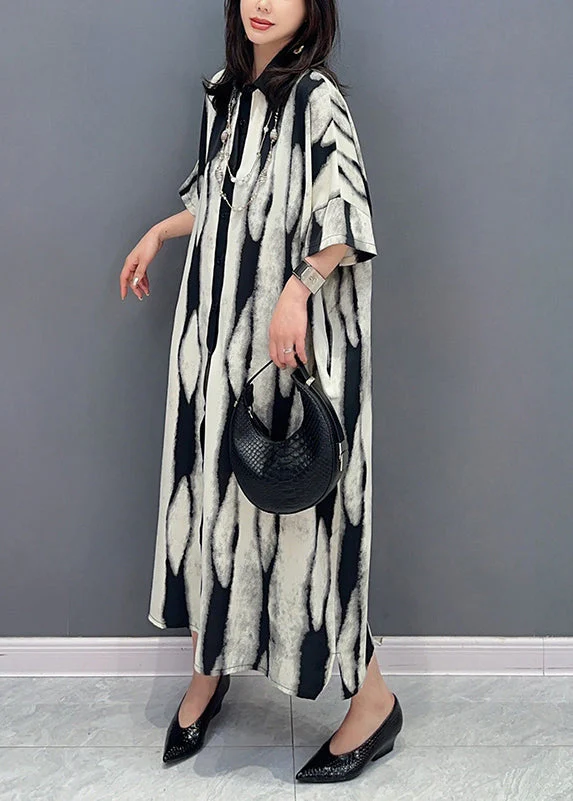Fashion Grey Peter Pan Collar Print Patchwork Cotton Shirts Dress Summer - Image 4