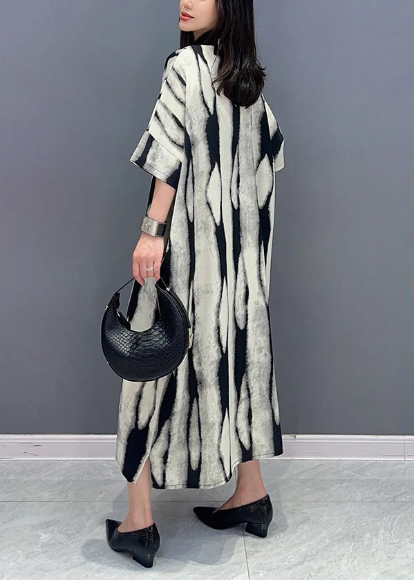 Fashion Grey Peter Pan Collar Print Patchwork Cotton Shirts Dress Summer - Image 5