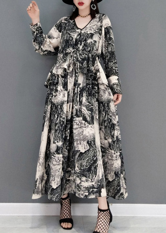 Fashion Grey V Neck Print Tie Waist Chiffon Long Dress Long Sleeve - Image 2