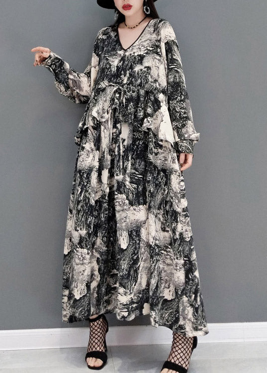 Fashion Grey V Neck Print Tie Waist Chiffon Long Dress Long Sleeve - Image 3