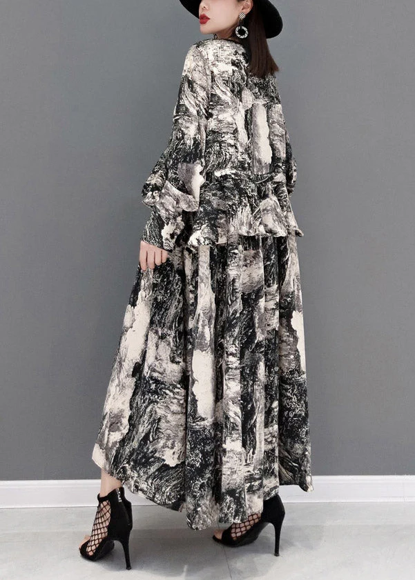 Fashion Grey V Neck Print Tie Waist Chiffon Long Dress Long Sleeve - Image 4