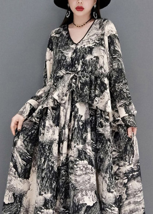 Fashion Grey V Neck Print Tie Waist Chiffon Long Dress Long Sleeve - Image 5