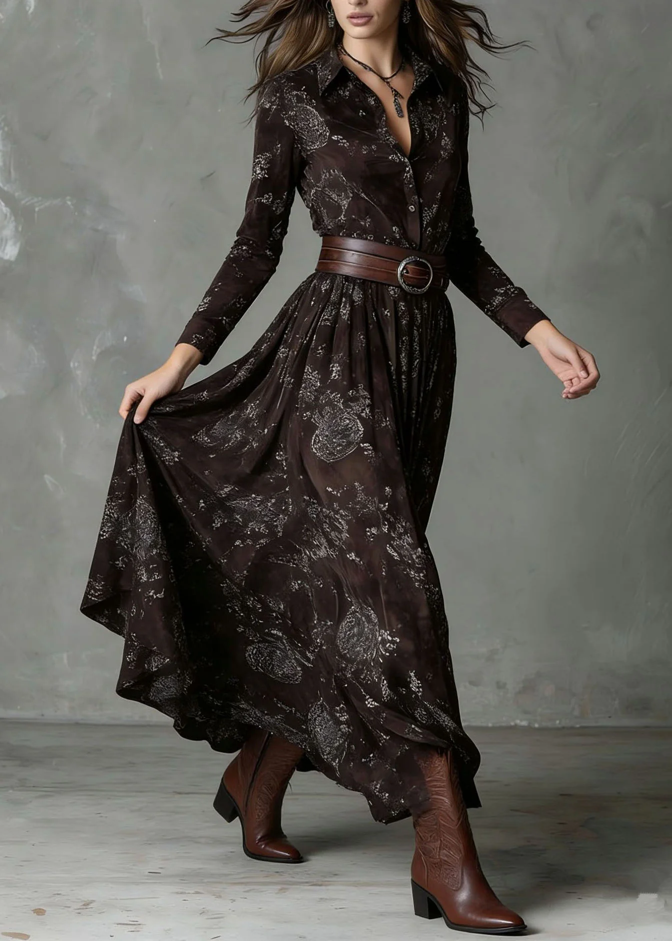Fashion Handmade Peter Pan Collar Print Cotton Robe Dresses Fall - Image 3