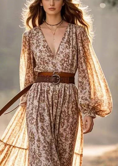 Fashion Khaki Cinched Print Cotton Vacation Dresses Lantern Sleeve - Image 2
