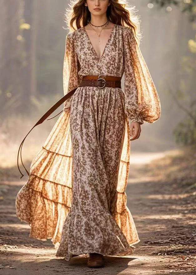 Fashion Khaki Cinched Print Cotton Vacation Dresses Lantern Sleeve - Image 3