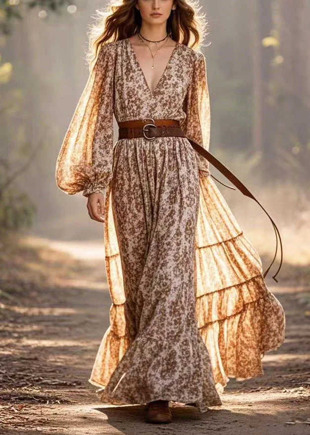 Fashion Khaki Cinched Print Cotton Vacation Dresses Lantern Sleeve - Image 5