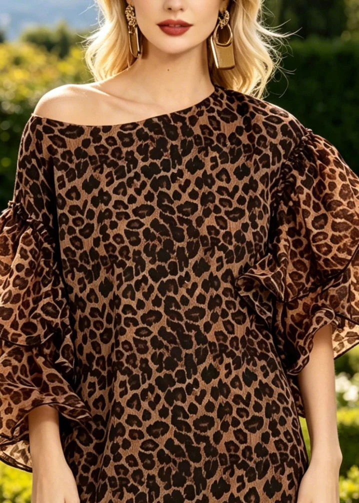 Fashion Khaki Leopard Print Cotton Mid Dress Butterfly Sleeve - Image 2
