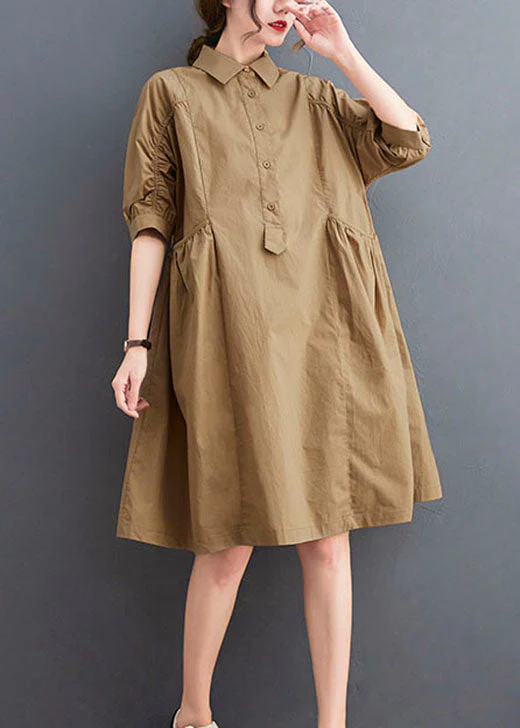 Fashion Khaki Peter Pan Collar Button Cotton Dresses Half Sleeve - Image 2
