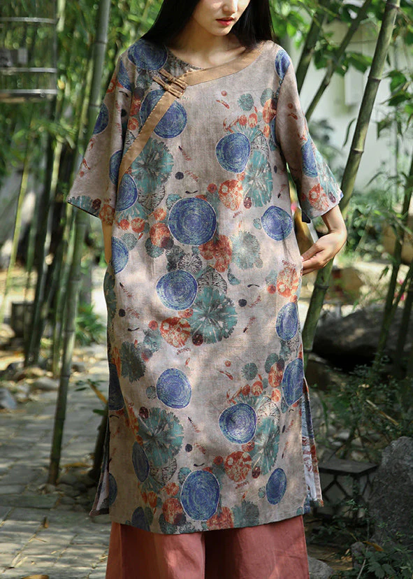 Fashion Khaki Print Pockets Patchwork Cotton Dress Half Sleeve - Image 2