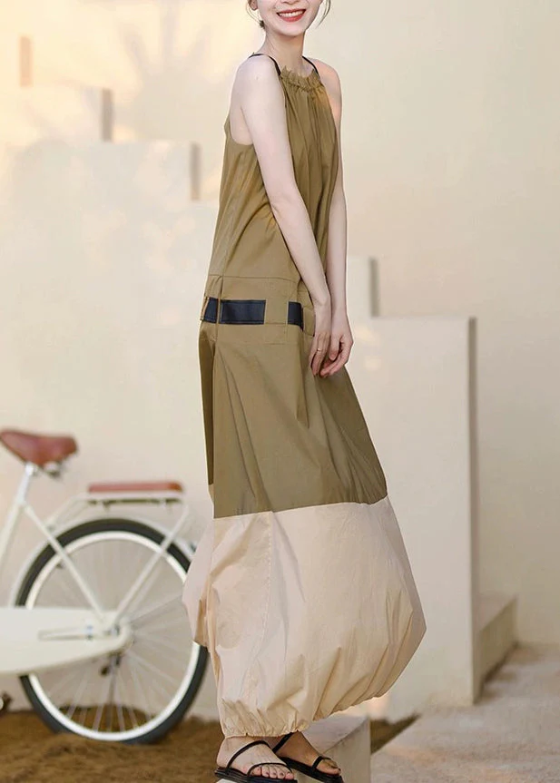 Fashion Khaki Ruffled Pockets Patchwork Cotton Long Dresses Sleeveless - Image 2