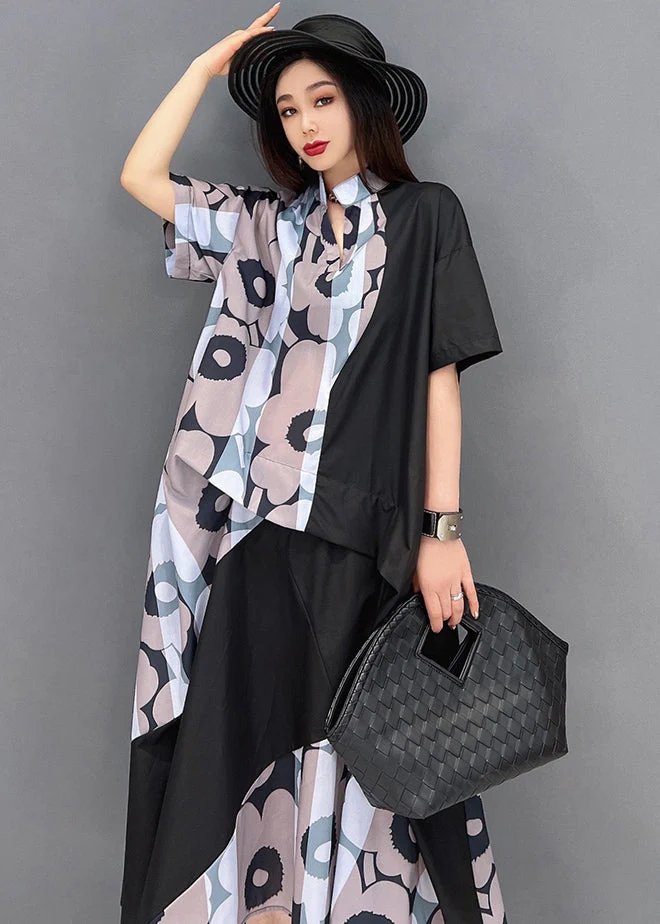 Fashion Khaki Stand Collar Asymmetrical Design Holiday Dress Short Sleeve - Image 4