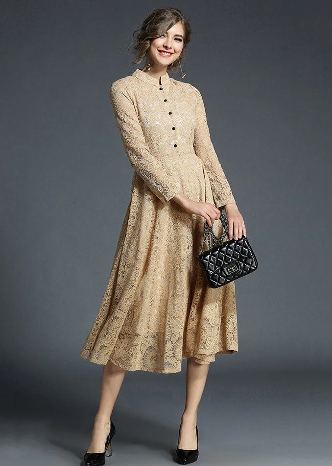 Fashion Khaki Stand Collar Hollow Out Embroideried Lace Dresses Long Sleeve