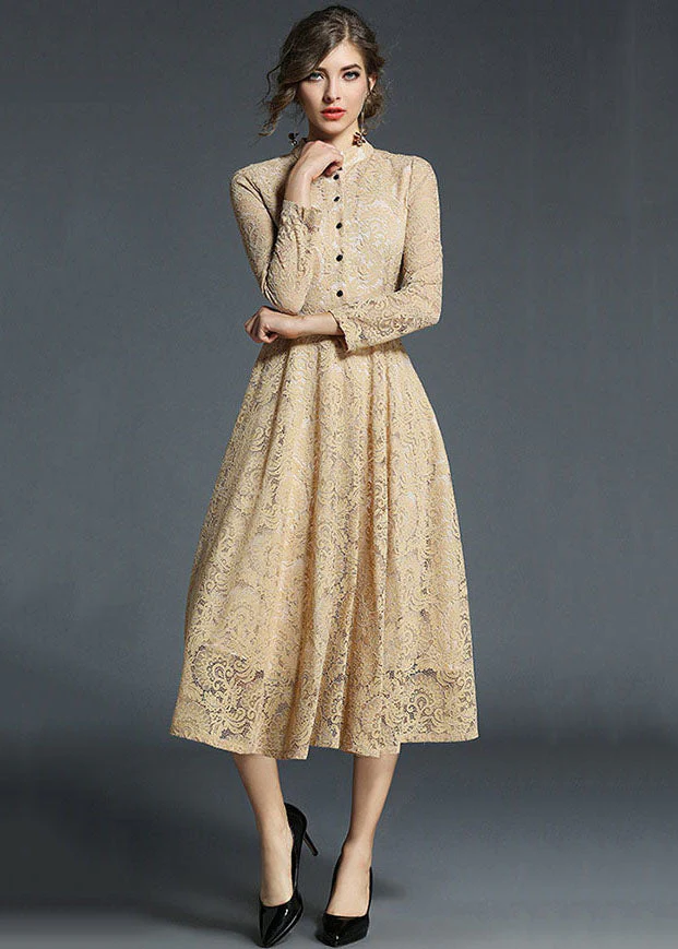 Fashion Khaki Stand Collar Hollow Out Embroideried Lace Dresses Long Sleeve - Image 2