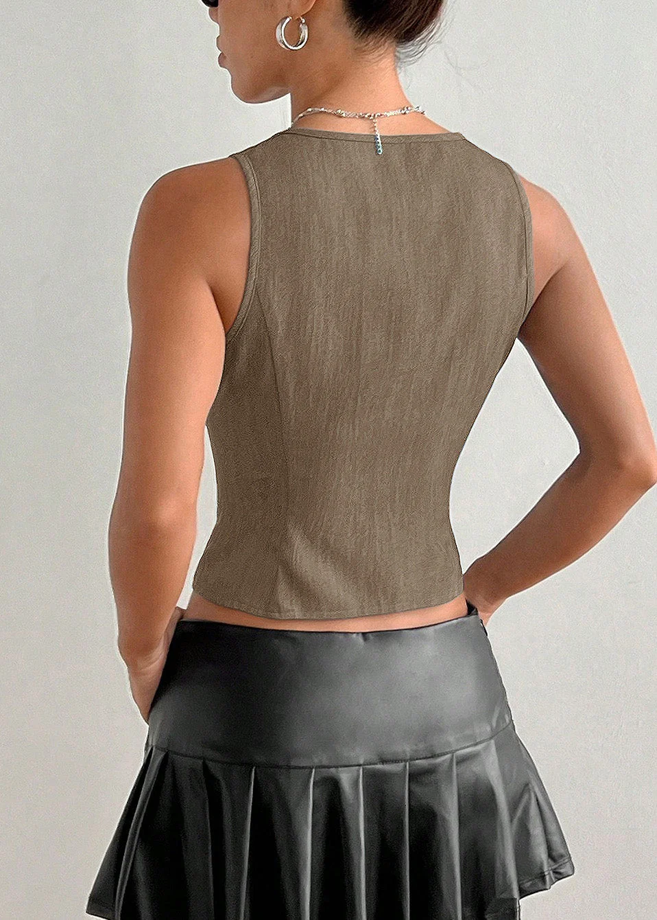 Fashion Khaki V Neck Lace Up Cotton Blouse Top Sleeveless - Image 5