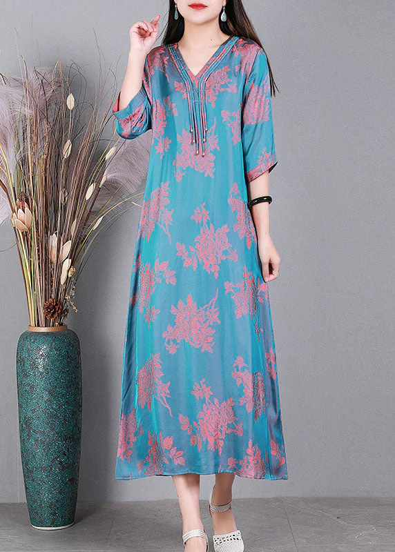 Fashion Lake Blue V Neck Jacquard Tassel Silk Holiday Dress Half Sleeve - Image 2