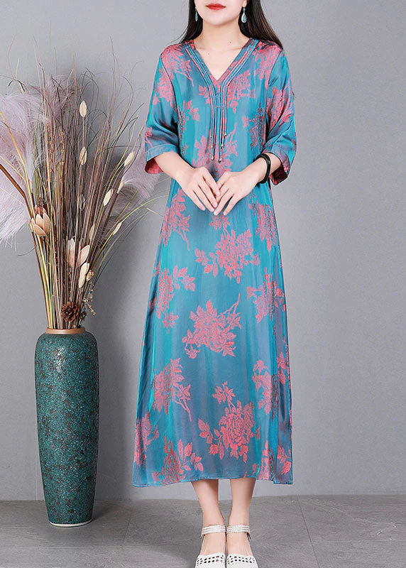 Fashion Lake Blue V Neck Jacquard Tassel Silk Holiday Dress Half Sleeve - Image 3