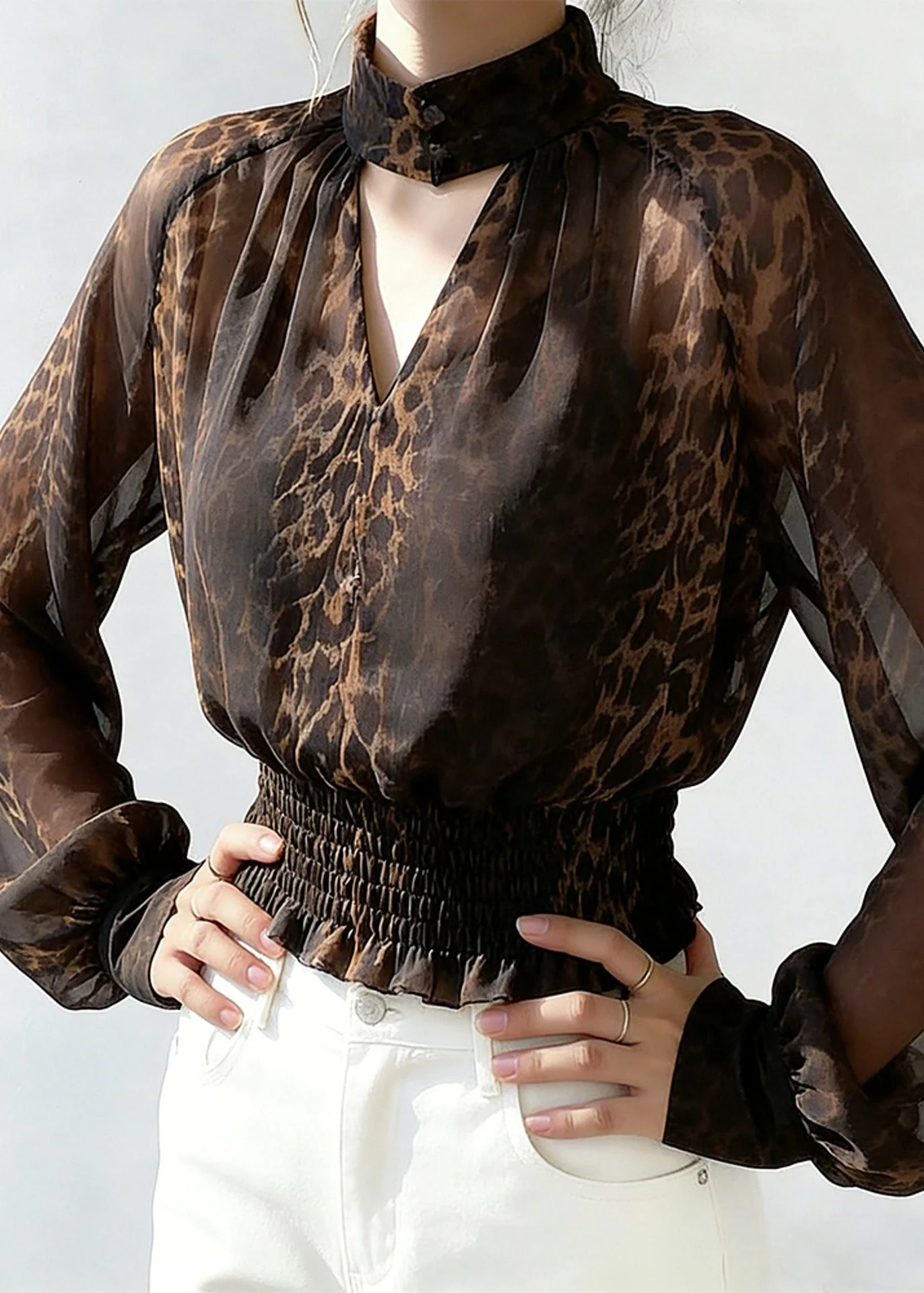Fashion Leopard Turtleneck Hollow Out Chiffon Shirts Spring - Image 3