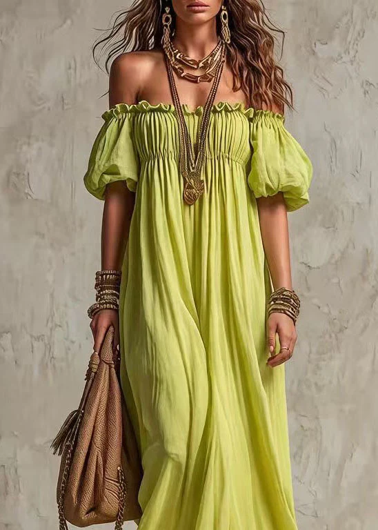 Fashion Light Green Slash Neck Ruffled Patchwork Cotton Dress Summer - Image 2