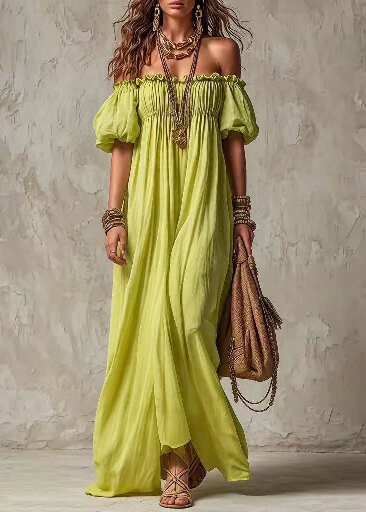 Fashion Light Green Slash Neck Ruffled Patchwork Cotton Dress Summer - Image 3