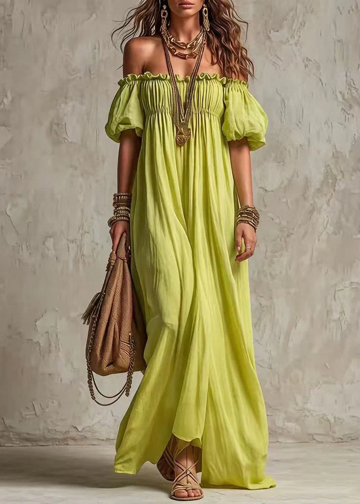 Fashion Light Green Slash Neck Ruffled Patchwork Cotton Dress Summer - Image 5