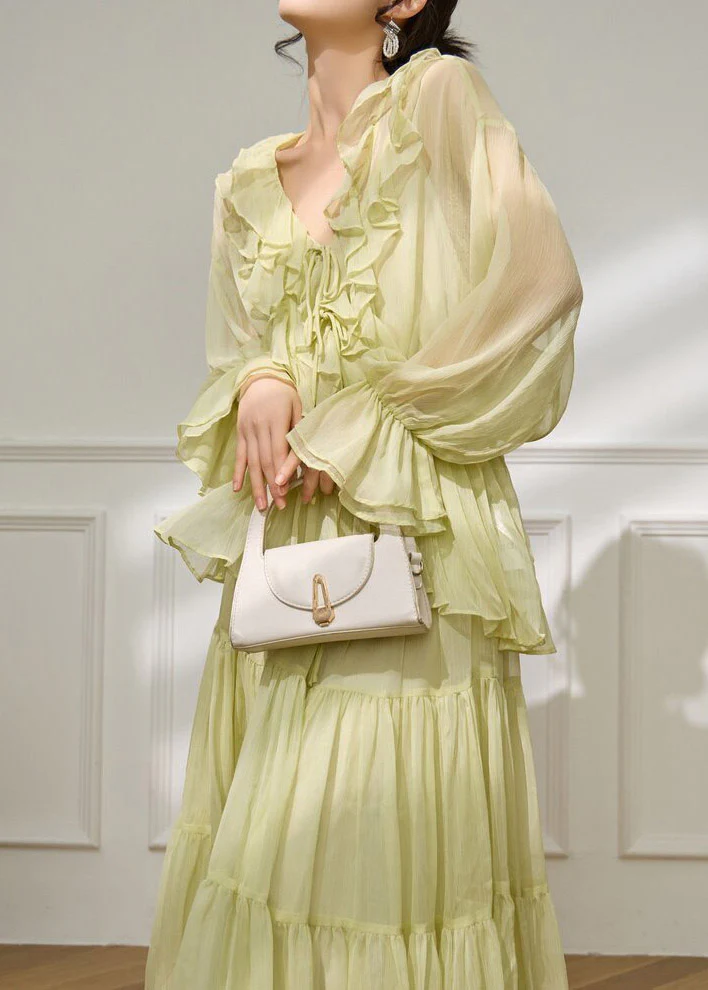 Fashion Light Green V Neck Ruffled Shirts And Maxi Skirts Two Pieces Set Flare Sleeve
