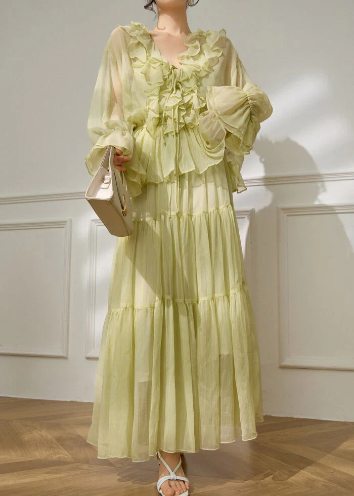 Fashion Light Green V Neck Ruffled Shirts And Maxi Skirts Two Pieces Set Flare Sleeve - Image 2