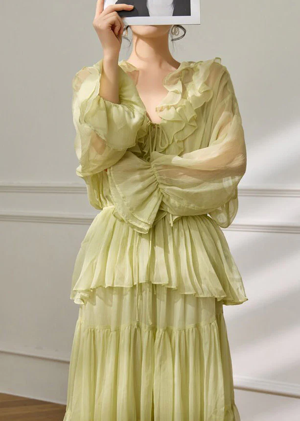 Fashion Light Green V Neck Ruffled Shirts And Maxi Skirts Two Pieces Set Flare Sleeve - Image 3