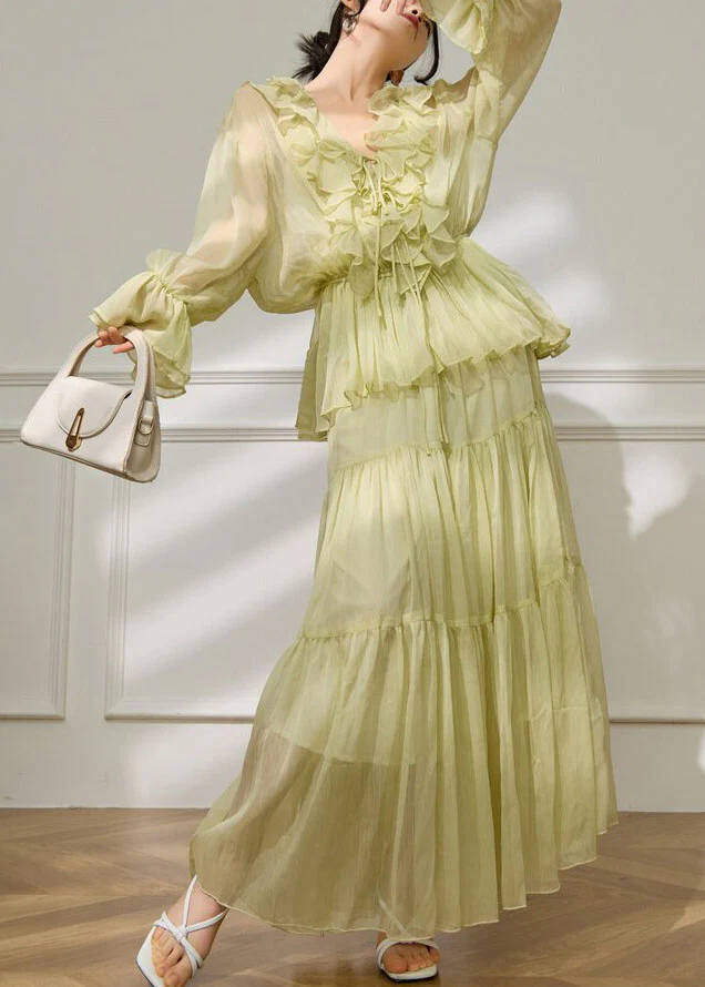 Fashion Light Green V Neck Ruffled Shirts And Maxi Skirts Two Pieces Set Flare Sleeve - Image 4