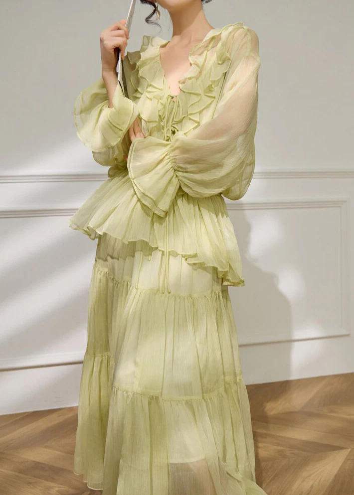Fashion Light Green V Neck Ruffled Shirts And Maxi Skirts Two Pieces Set Flare Sleeve - Image 5