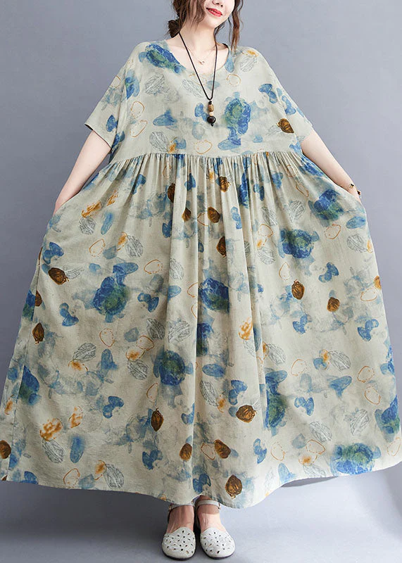 Fashion Light Grey O-Neck Print Exra Large Hem Wrinkled Cotton Long Dresses Short Sleeve - Image 2