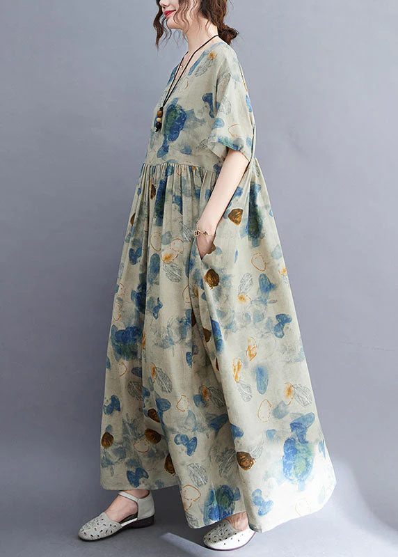 Fashion Light Grey O-Neck Print Exra Large Hem Wrinkled Cotton Long Dresses Short Sleeve - Image 3
