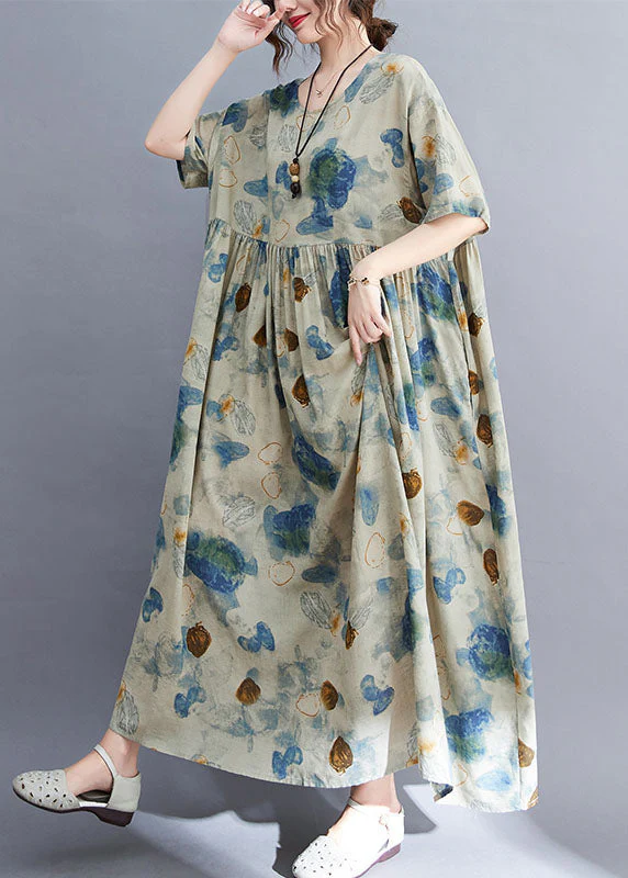 Fashion Light Grey O-Neck Print Exra Large Hem Wrinkled Cotton Long Dresses Short Sleeve - Image 4