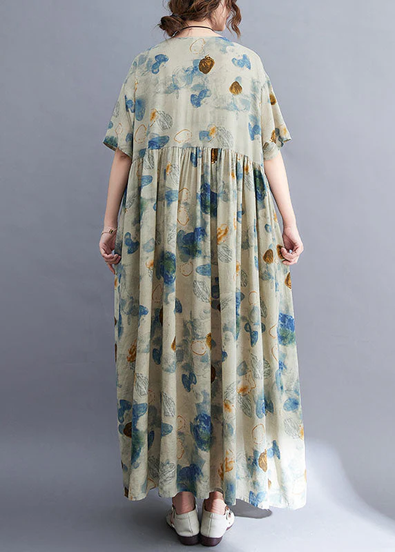 Fashion Light Grey O-Neck Print Exra Large Hem Wrinkled Cotton Long Dresses Short Sleeve - Image 5