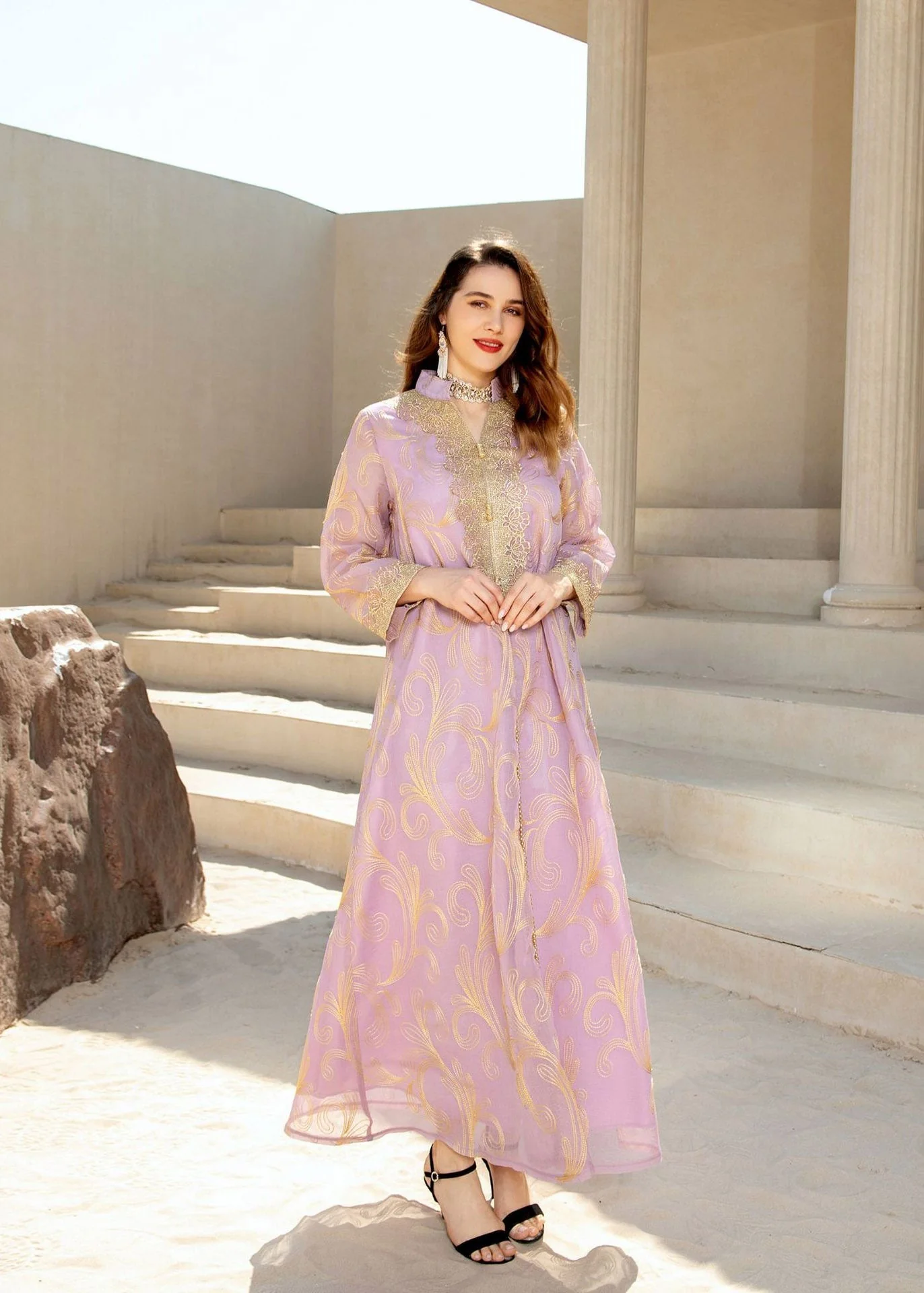 Fashion Light Purple Stand Collar Embroideried Floral Tulle Long Dress Fall - Image 2