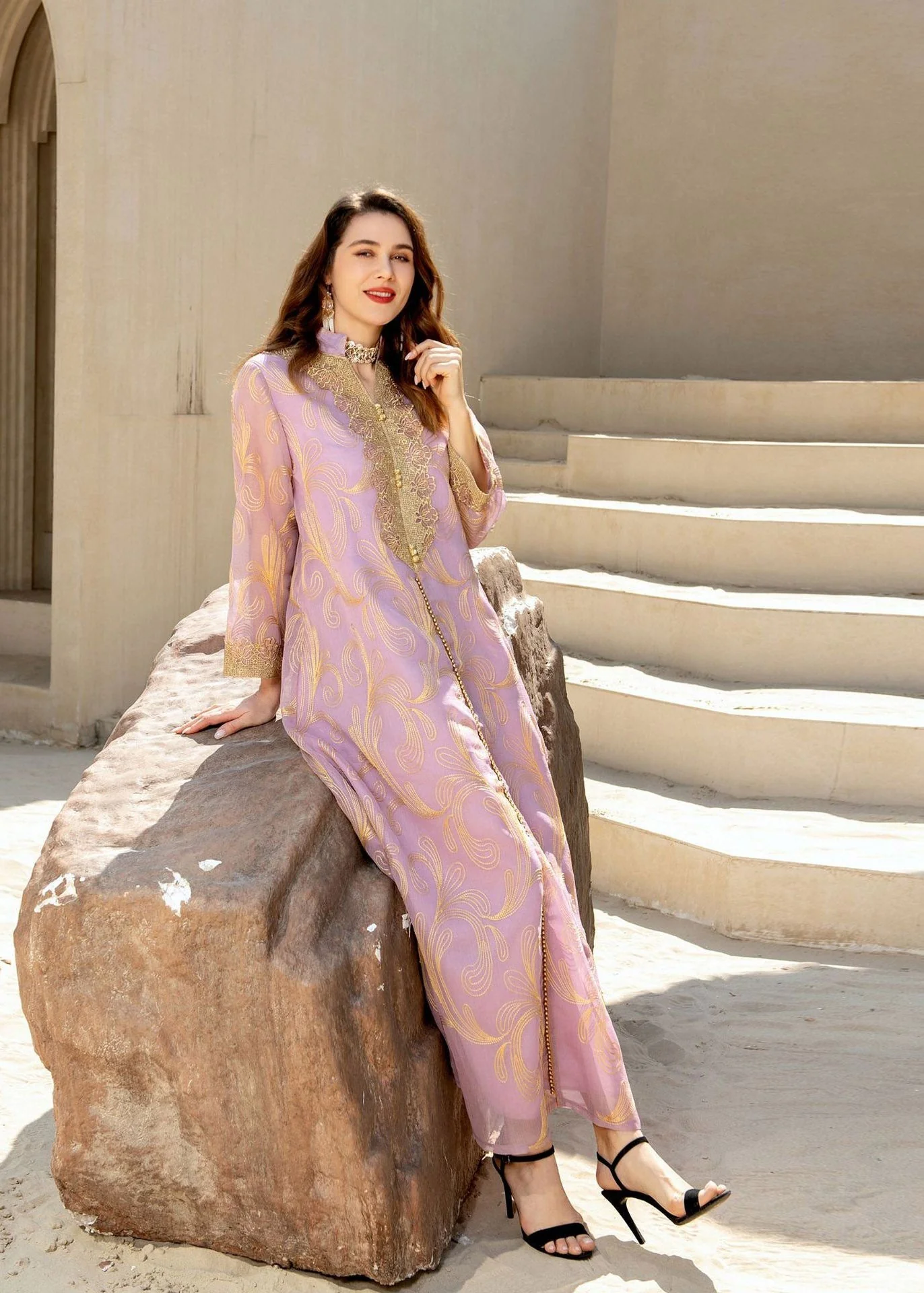 Fashion Light Purple Stand Collar Embroideried Floral Tulle Long Dress Fall - Image 3