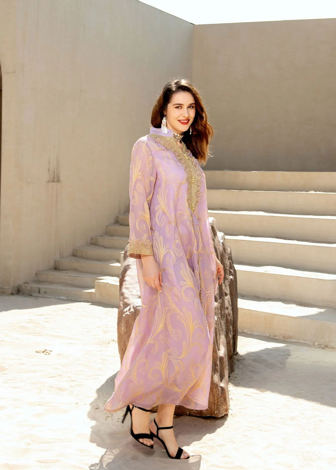 Fashion Light Purple Stand Collar Embroideried Floral Tulle Long Dress Fall - Image 4