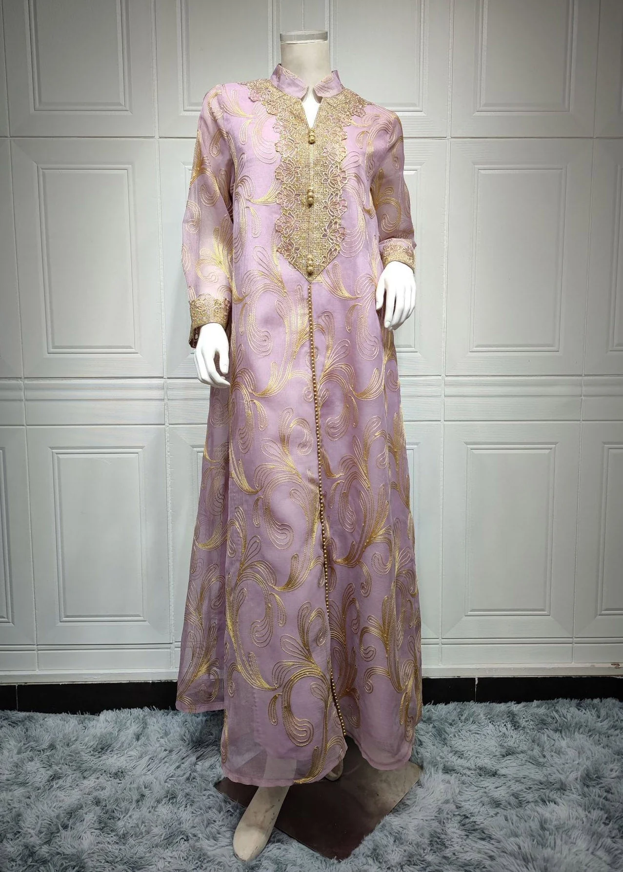 Fashion Light Purple Stand Collar Embroideried Floral Tulle Long Dress Fall - Image 5