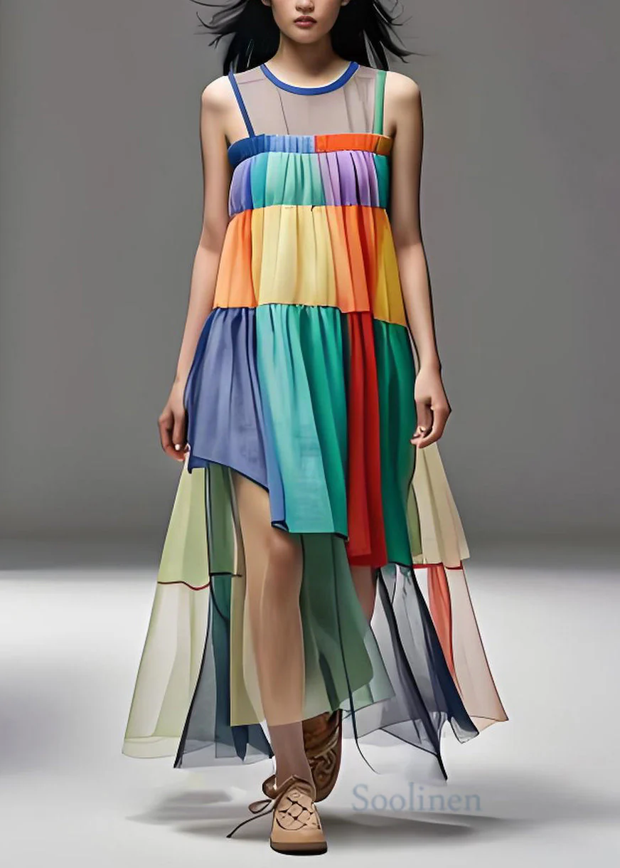 Fashion Loose Colorblock O Neck Tulle Patchwork Cotton Dresses Sleeveless - Image 2