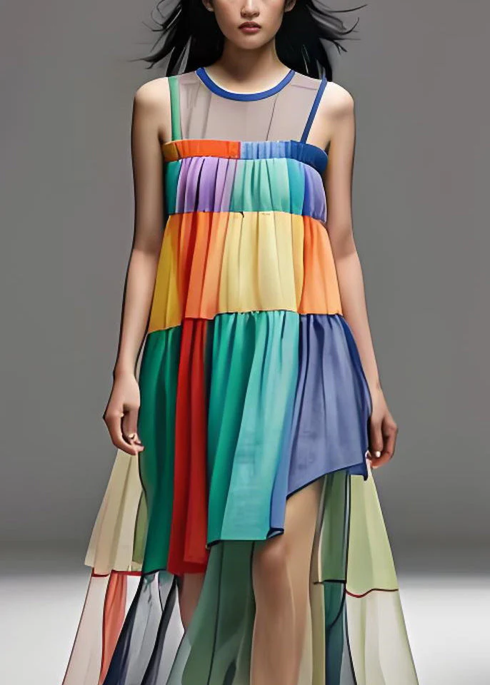 Fashion Loose Colorblock O Neck Tulle Patchwork Cotton Dresses Sleeveless - Image 3