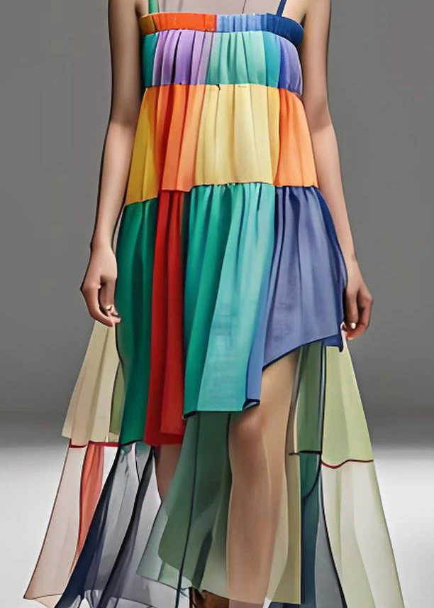 Fashion Loose Colorblock O Neck Tulle Patchwork Cotton Dresses Sleeveless - Image 4