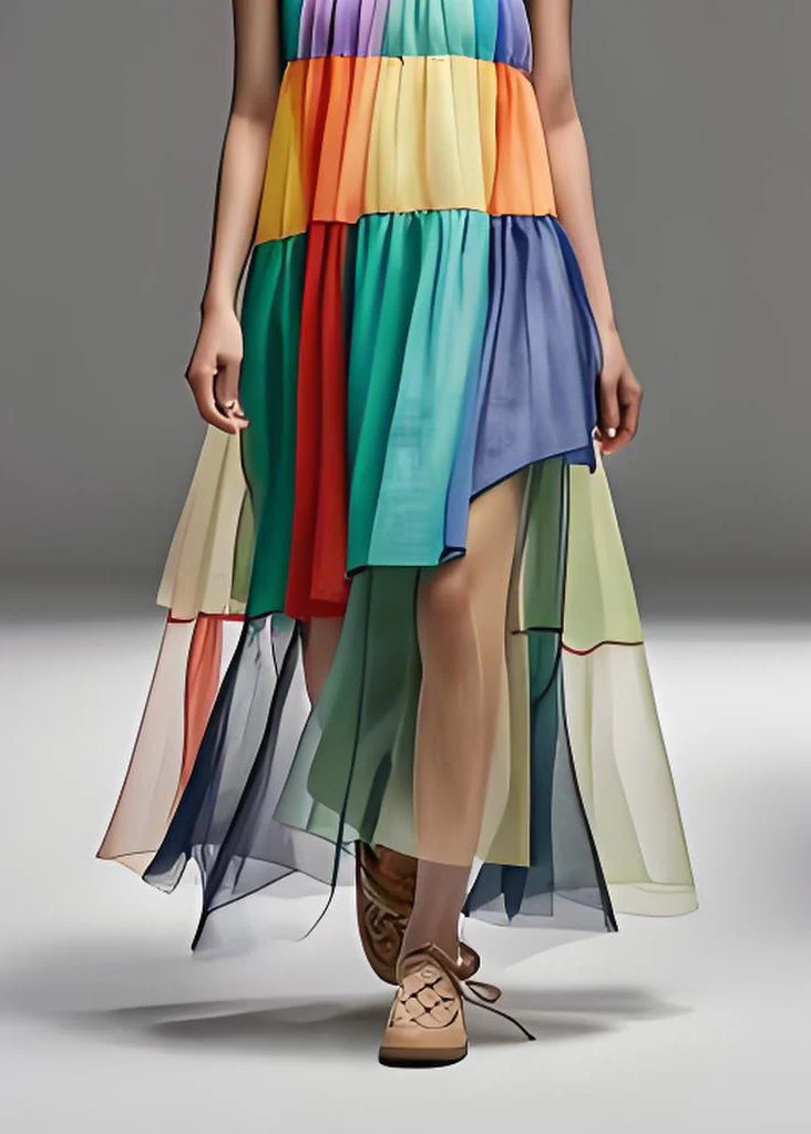 Fashion Loose Colorblock O Neck Tulle Patchwork Cotton Dresses Sleeveless - Image 5