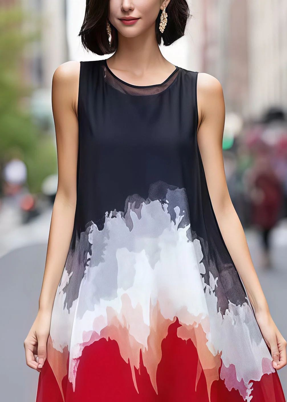 Fashion Mixed Color Print Chiffon Holiday Dress Sleeveless - Image 2