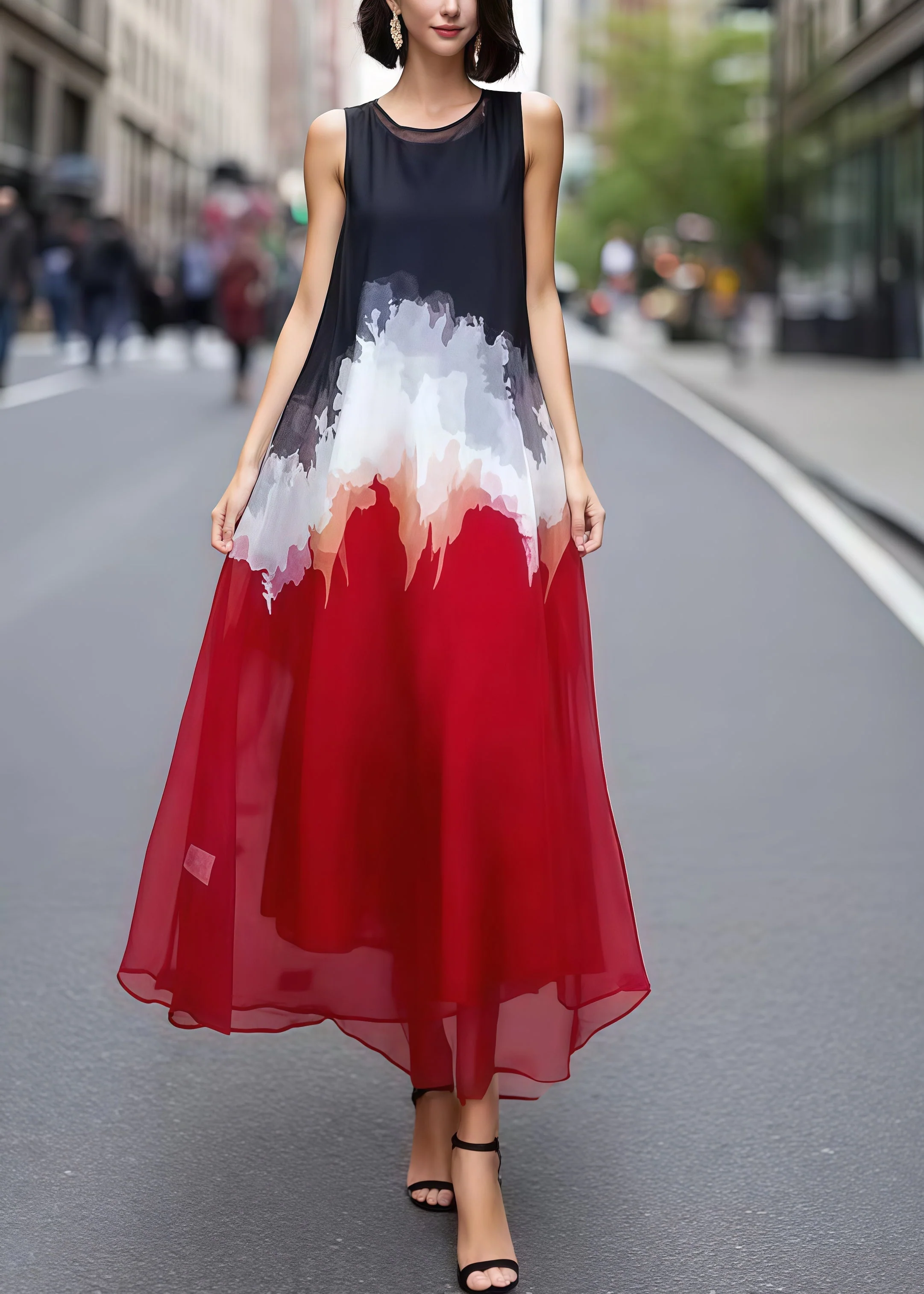 Fashion Mixed Color Print Chiffon Holiday Dress Sleeveless - Image 3