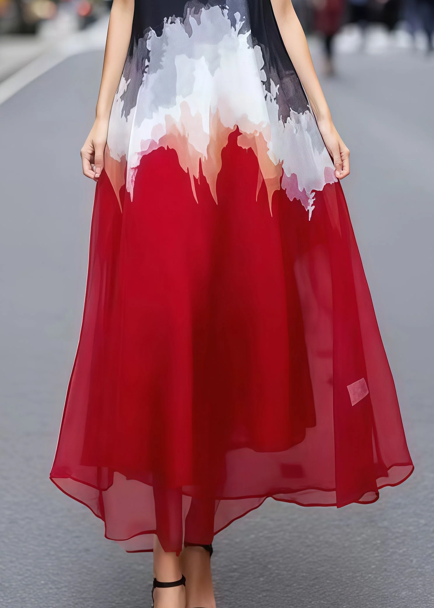 Fashion Mixed Color Print Chiffon Holiday Dress Sleeveless - Image 4