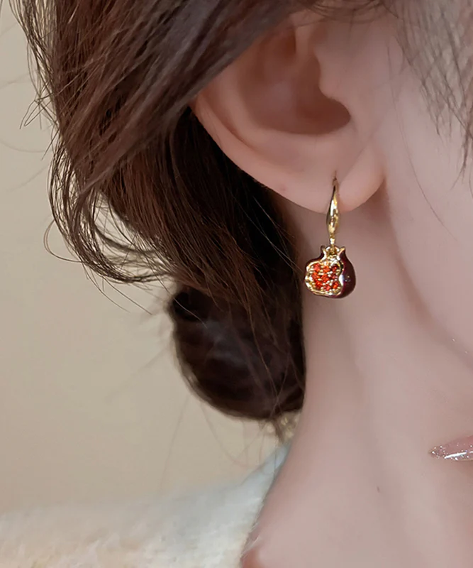 Fashion Mulberry Copper Alloy Zircon Drip Glaze Pomegranate Hoop Earrings - Image 5