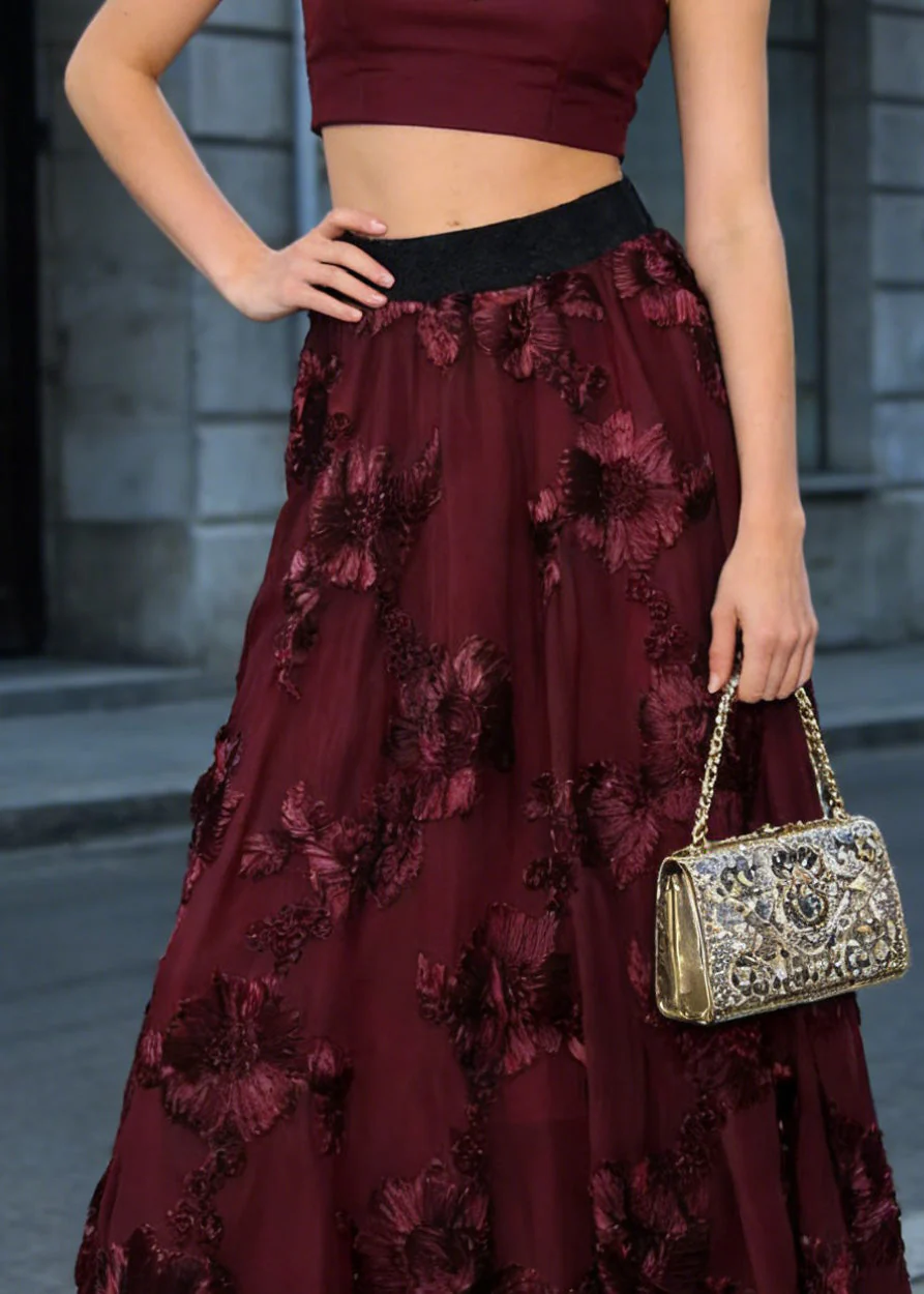 Fashion Mulberry High Waist Floral Wrinkled Tulle Skirt Spring - Image 2