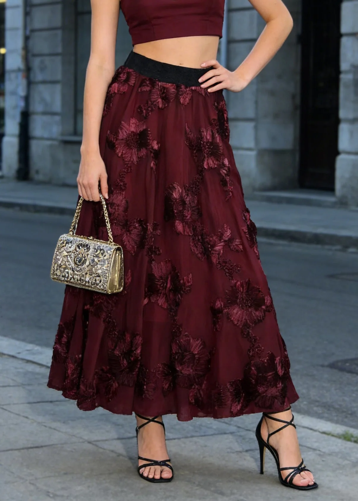 Fashion Mulberry High Waist Floral Wrinkled Tulle Skirt Spring - Image 3
