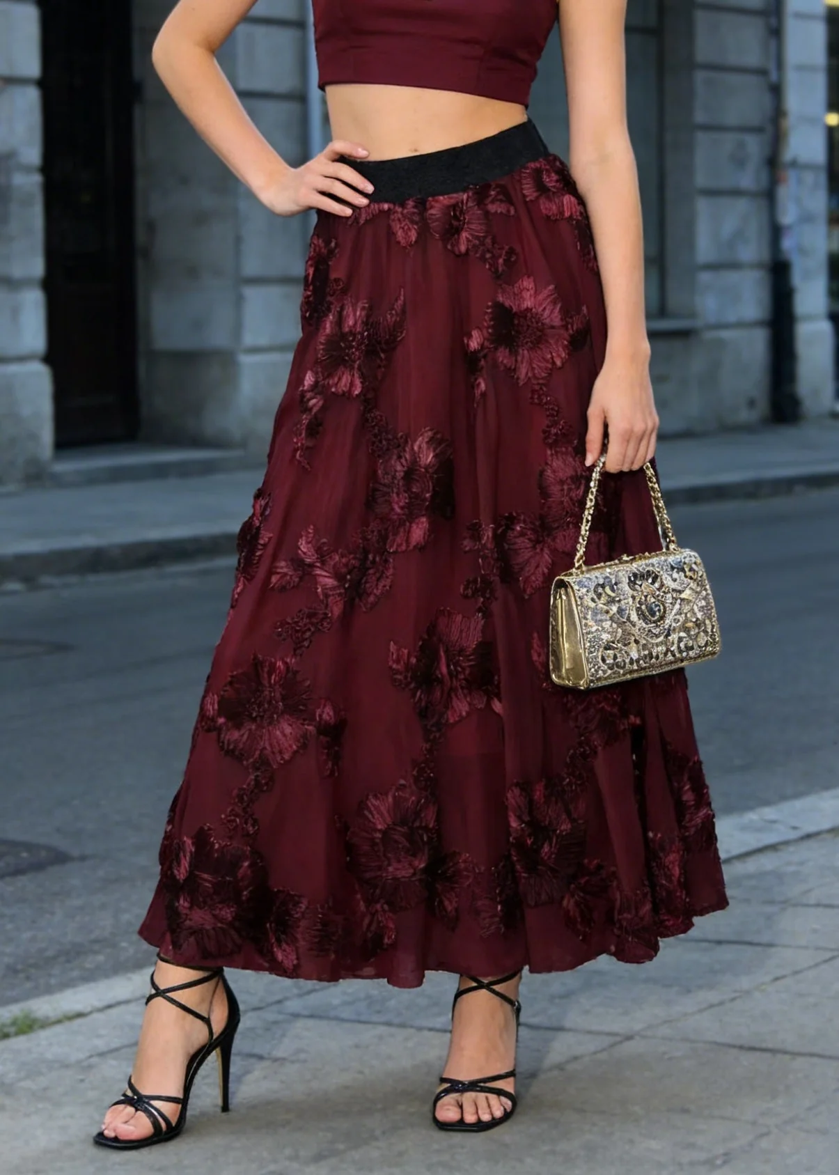 Fashion Mulberry High Waist Floral Wrinkled Tulle Skirt Spring - Image 5