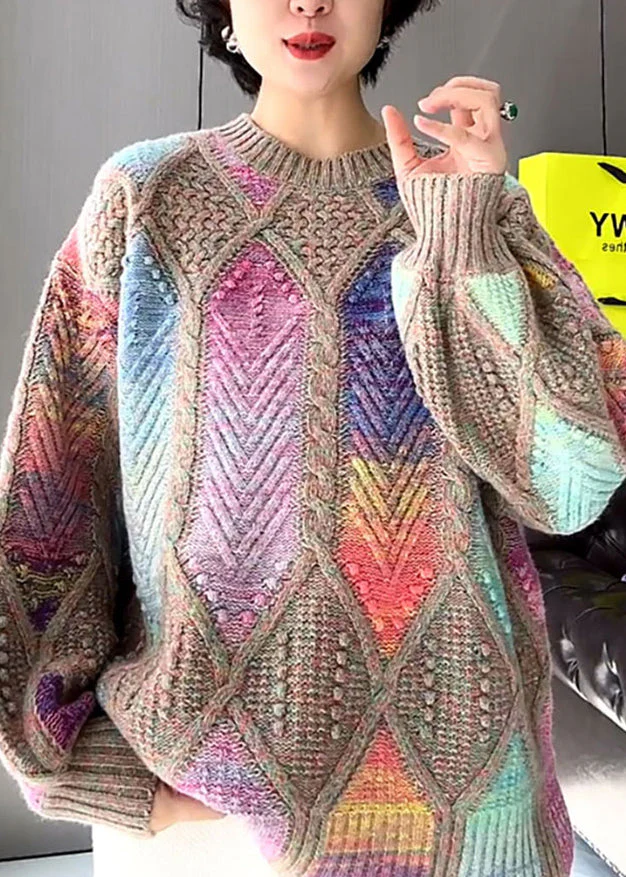 Fashion Multicolor O Neck Knit Sweater Tops Spring - Image 2